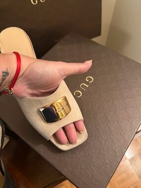 Gucci Beige Suede Open-Toe Slide with Gold Plaque